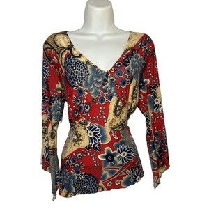 90's Aphrodite Whimsigoth Long Sleeve Beige Red & Blue Paisley &Floral Top Sz XL